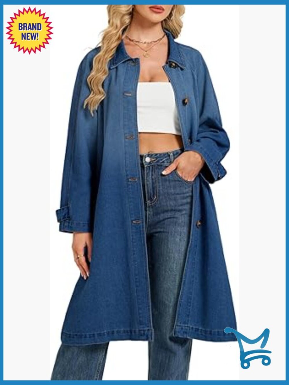 Denim Trench Coat Women Midi Long Oversized Single Breasted Maxi Duster